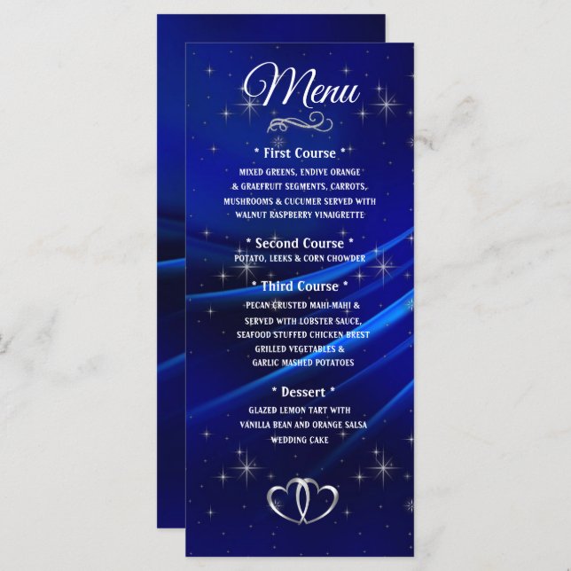 Royal Blue Diamonds and Hearts Bröllop Menu Meny (Fram/baksida)