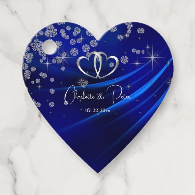 Royal Blue Diamonds Hearts Stars Bröllop Gåvor Etiketter (Framsida)