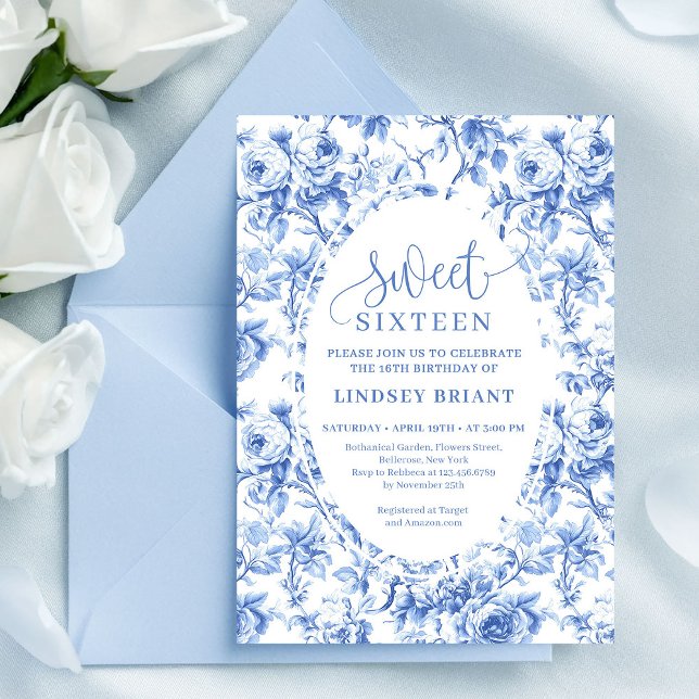 Royal Blue Digital Floral 16th Birthday Invite Inbjudningar (Royal Blue Digital Floral 16th Birthday Invite)
