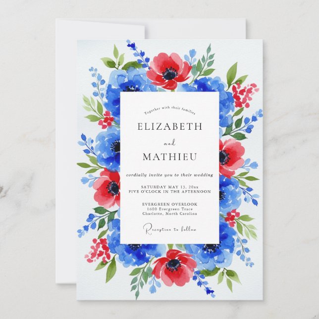 Royal Blue Dramatic Botanical Wedding Inbjudningar (Framsida)