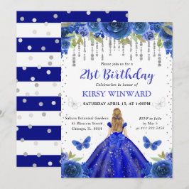 Royal Blue Dress Blonde Hairde Princess Birthday Inbjudningar