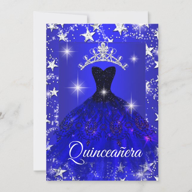 Royal Blue Dress Gnistra Tiara Stars Quinceanera Inbjudningar (Framsida)