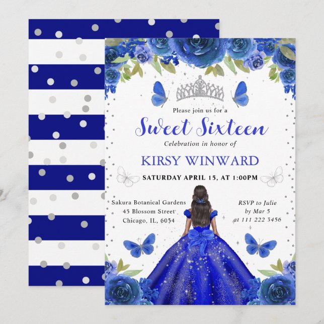 Royal Blue Dress Mörk Skin Princess Sweet 16 Inbjudningar (Fram/baksida)