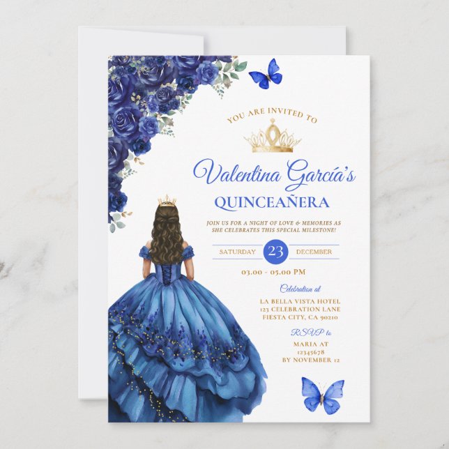 Royal Blue Dress Quinceañera 15 Anos Flowers Gold Inbjudningar (Framsida)