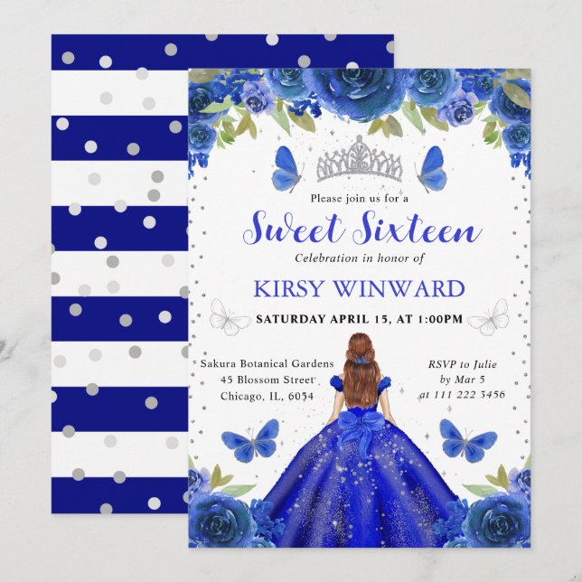 Royal Blue Dress Red Har Princess Sweet 16 Inbjudningar (Fram/baksida)