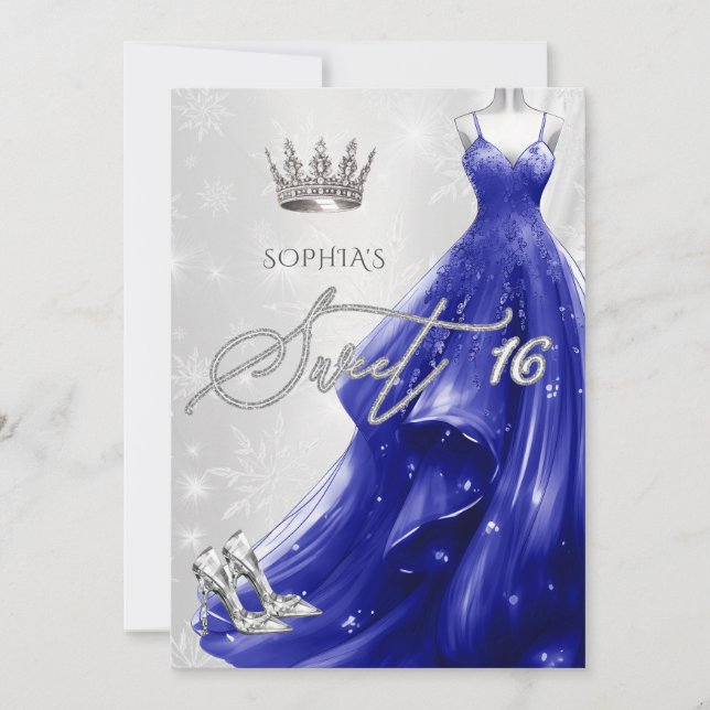 Royal Blue Dress Snöflingor Winter Sweet 16 Inbjudningar (Framsida)