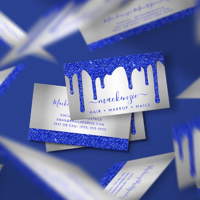 Royal Blue Dripping Glitter Silver Metallic Visitkort (Skapare uppladdad)