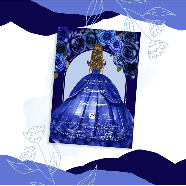 Royal Blue Elegant Blommigt Accents Princess Party Inbjudningar (Skapare uppladdad)