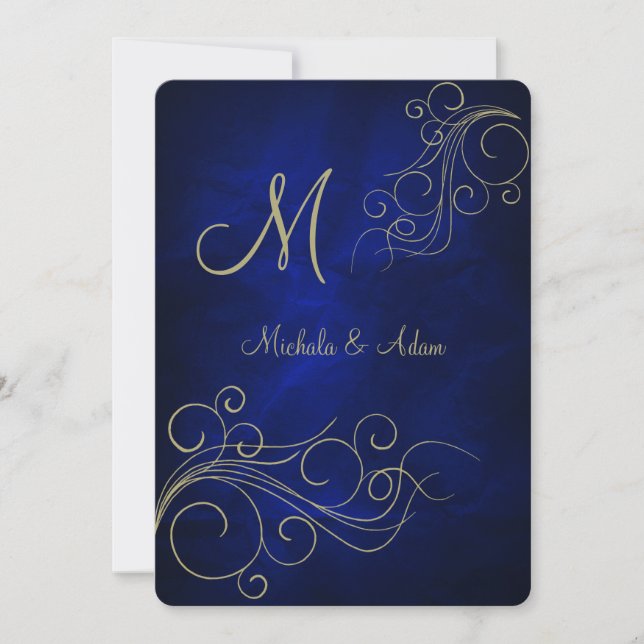 Royal Blue Elegant Guld Monogram Swirl Inbjudningar (Framsida)