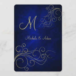 Royal Blue Elegant Guld Monogram Swirl Inbjudningar