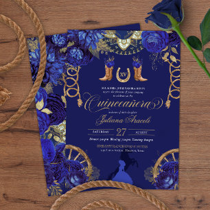 Royal Blue Elegant Ro + Guld Charro Quinceanera Inbjudningar