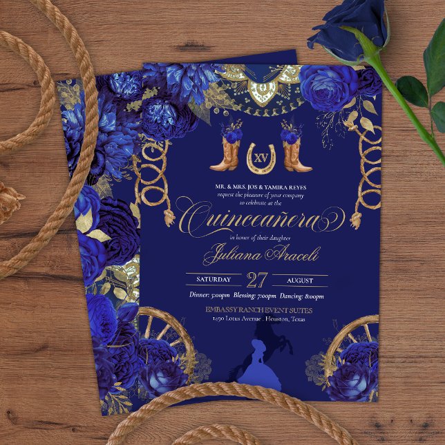 Royal Blue Elegant Ro + Guld Charro Quinceanera Inbjudningar (Skapare uppladdad)