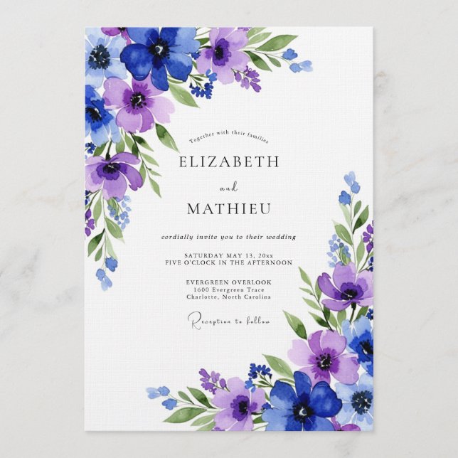Royal Blue Ethereal Flora Wedding Inbjudningar (Framsida)