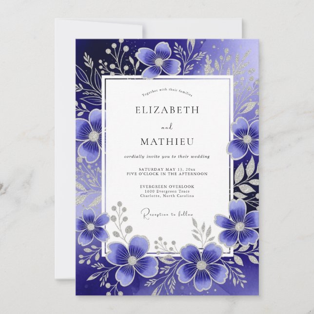 Royal Blue Ethereal Floral Wedding Inbjudningar (Framsida)