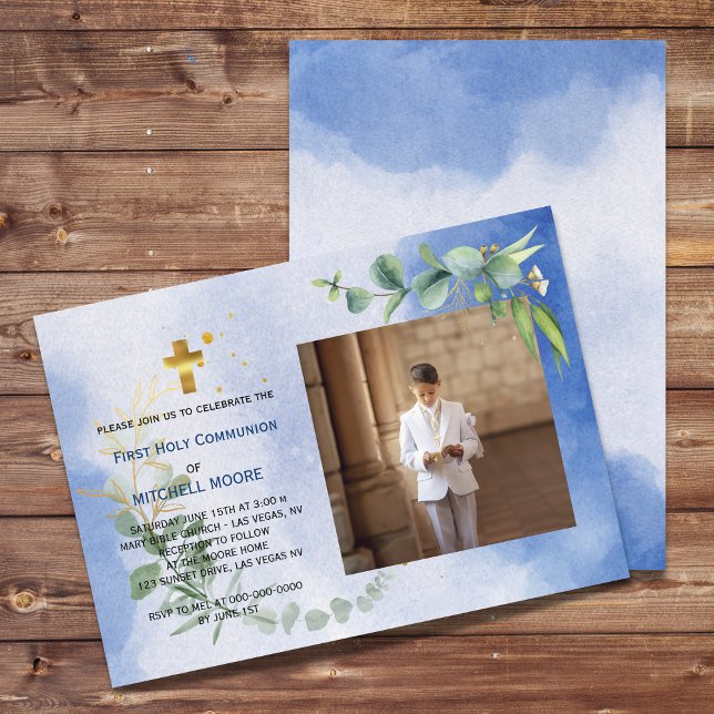 Royal Blue Eucalyptus First Heliga Communion Photo Inbjudningar (Skapare uppladdad)
