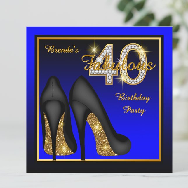 Royal Blue Fabulous 40:e födelsedagen Party Inbjudningar (Royal blue gold diamond number 40th birthday party invitation.)