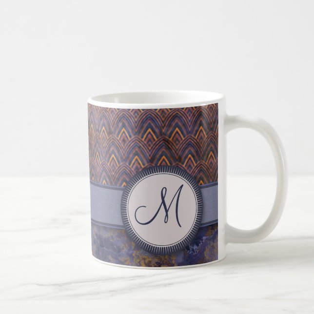 Royal Blue Feather Mönster med Monogram Kaffemugg (Höger)