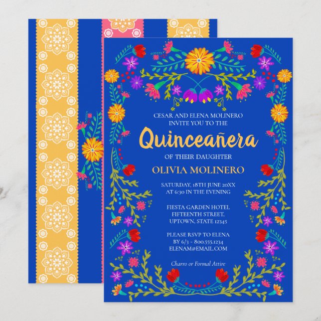 Royal Blue Fiesta Party Mexican Quinceanera Inbjudningar (Fram/baksida)