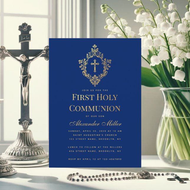 Royal Blue First Communion Faux Guld Kor Vapensköl Inbjudningar (Skapare uppladdad)