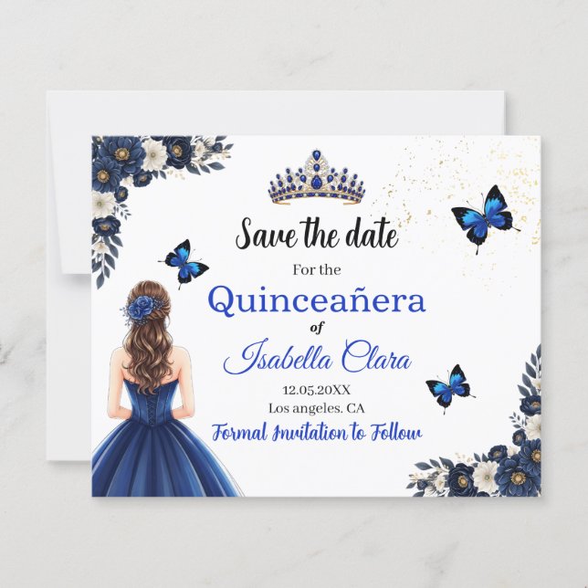 Royal Blue Fjäril Quinceañera Spara Datum (Framsida)