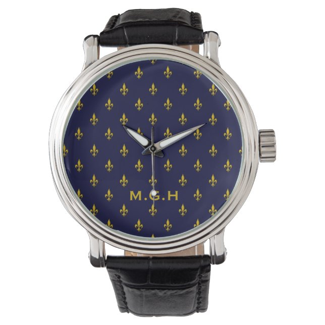 Royal Blue Fleur De Lis Mönster Monogram Armbandsur (Framsida)
