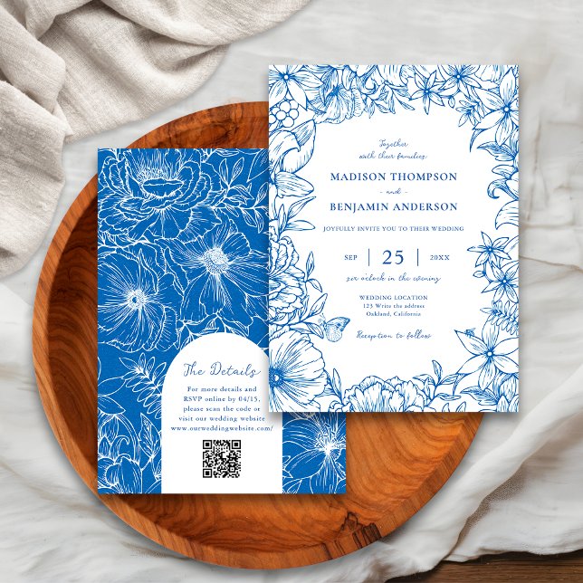 Royal Blue Floral Garden Arch RSVP QR Code Wedding Inbjudningar (Skapare uppladdad)