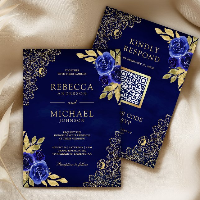 Royal Blue Floral Gold Lace QR Code Wedding Inbjudningar (Skapare uppladdad)