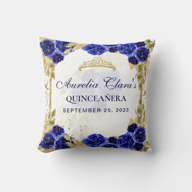 Royal Blue Floral Princess Gold Arch Quinceanera Kudde (Framsida)