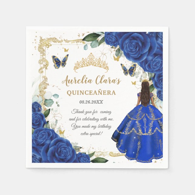 Royal Blue Floral Princess Gold Quinceañera 15 Pappersservett (Framsidan)