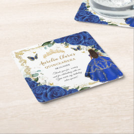 Royal Blue Floral Princess Gold Quinceañera 15 Underlägg Papper Kvadrat
