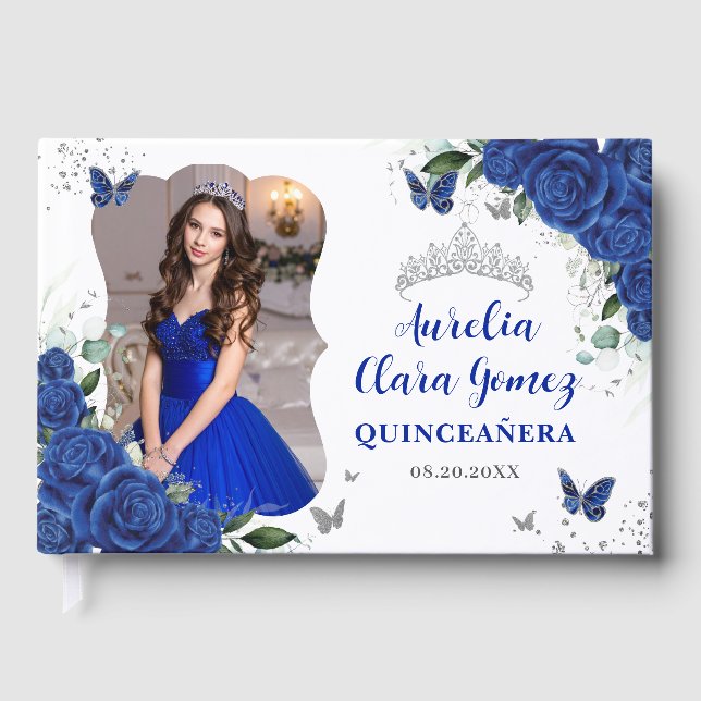 Royal Blue Floral Silver QUINCEAÑERA 15 Photograph Gästböcker (Framsida)