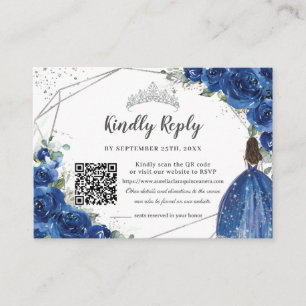 Royal Blue Floral Silver Quinceañera QR Code RSVP Tilläggskort