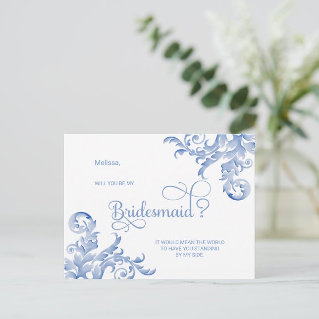 Royal Blue Flourish blir min bridesmaid Inbjudan Vykort (Stående Fram)