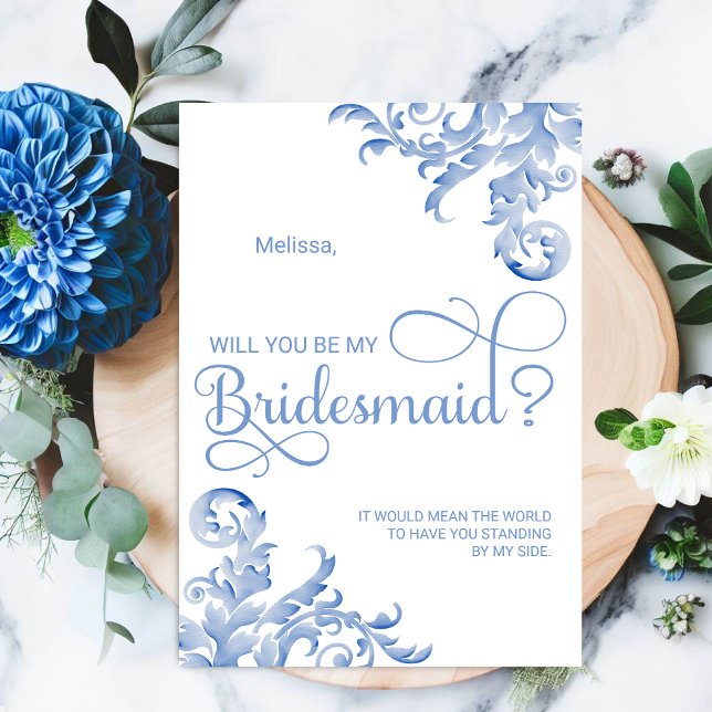 Royal Blue Flourish blir min bridesmaid Inbjudningar (Elegant watercolor swirls will you be my bridesmaid card.)