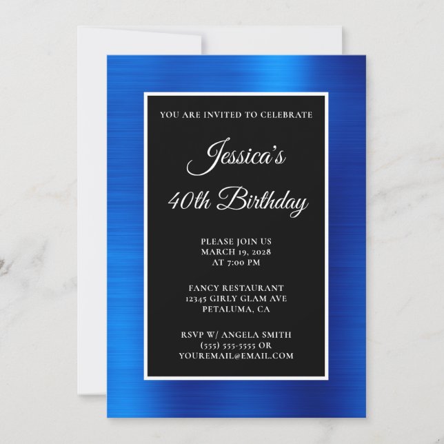 Royal Blue Foil Black and White 40 Birthday Inbjudningar (Framsida)