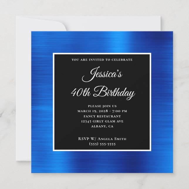 Royal Blue Foil Black and White 40 Birthday Inbjudningar (Framsida)