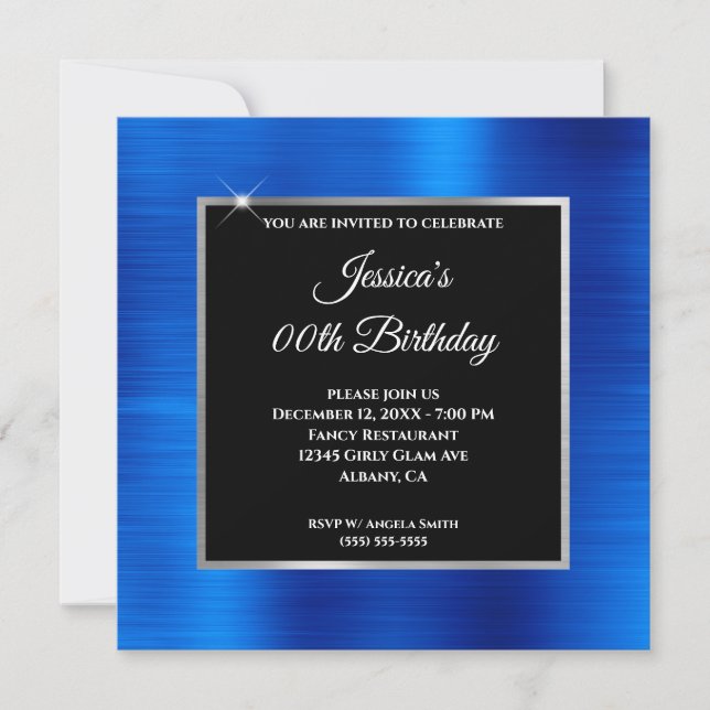 Royal Blue Foil Glam Silver Black Overlay Birthday Inbjudningar (Framsida)