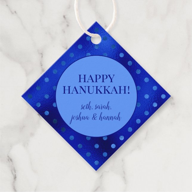 Royal Blue Foil Polka Dot Hanukkah Gåvor Etiketter (Framsida)