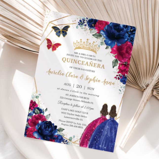 Royal Blue Fuchsia Rosa Blommigt Twillingars Quinc Inbjudningar (vibrant-royal-blue-fuchsia-hot-pink-floral-flowers-twins-princess-dresses-Quinceañera-invitations)