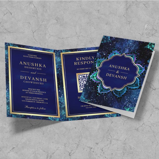 Royal Blue Galaxy Mandala QR-kod Indiska Bröllop Inbjudan (Skapare uppladdad)