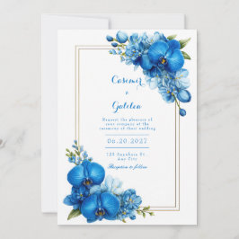Royal Blue Gilded Botanical Orchid Wedding Inbjudningar