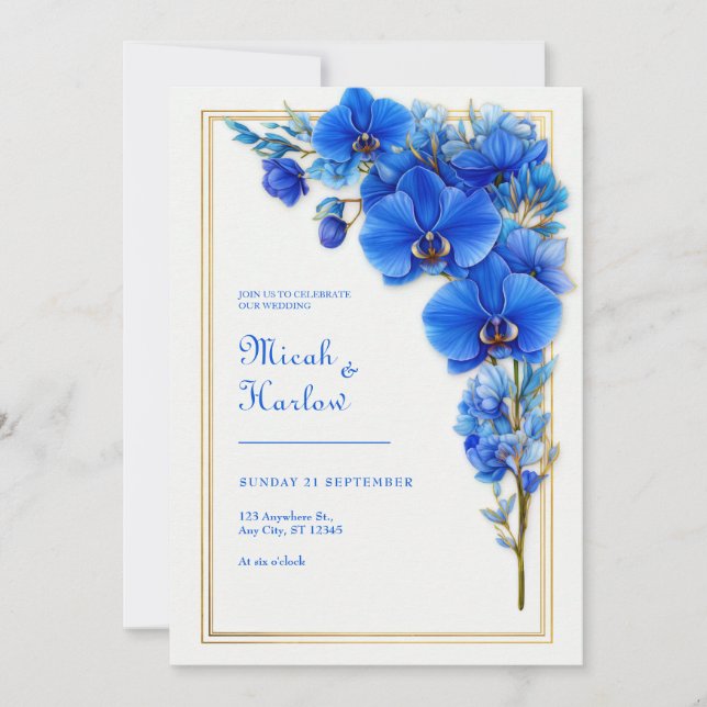 Royal Blue Gilded Orchid Wedding Inbjudningar (Framsida)