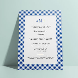 Royal Blue Gingham Traditional Baby Shower Inbjudningar