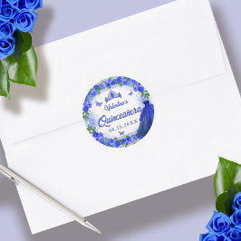 Royal Blue Glitter Blommigt Gnistra Quinceanera Runt Klistermärke