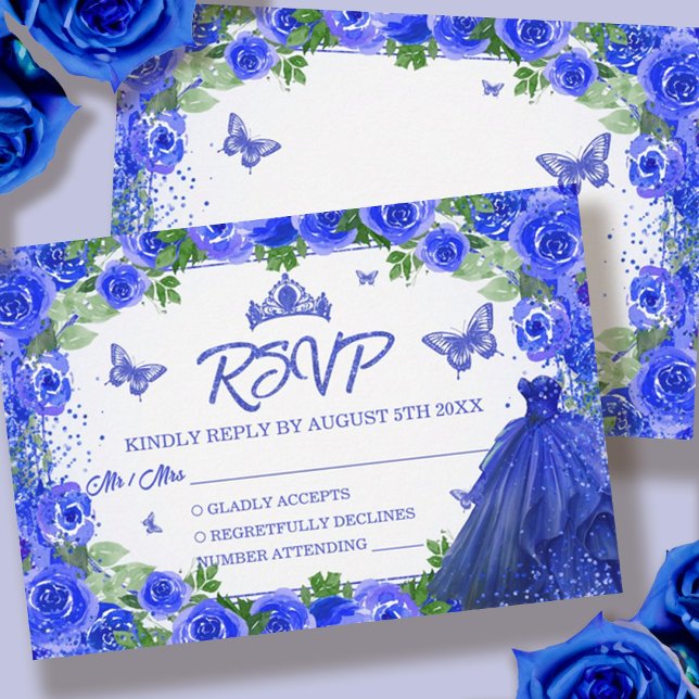 Royal Blue Glitter Blommigt Quinceanera OSA Kort (Blue Glitter Floral Quinceanera RSVP Card)