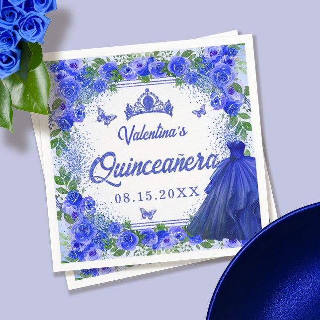 Royal Blue Glitter Blommigt Quinceanera Party Pappersservett (Skapare uppladdad)