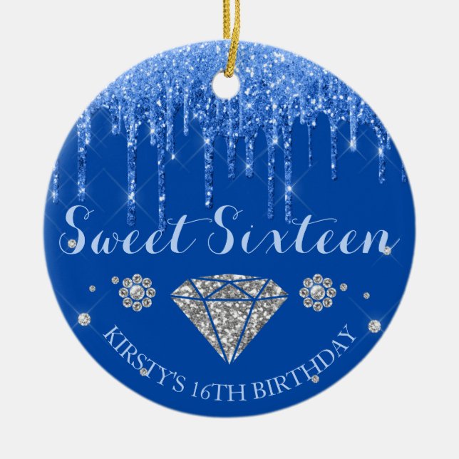 Royal Blue Glitter Drip Diamond Sweet Sixteen Julgransprydnad Keramik (Framsidan)