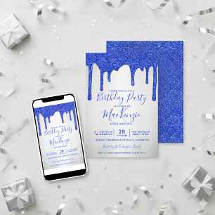 Royal Blue Glitter Drives Silver Metallic Birthday Inbjudningar