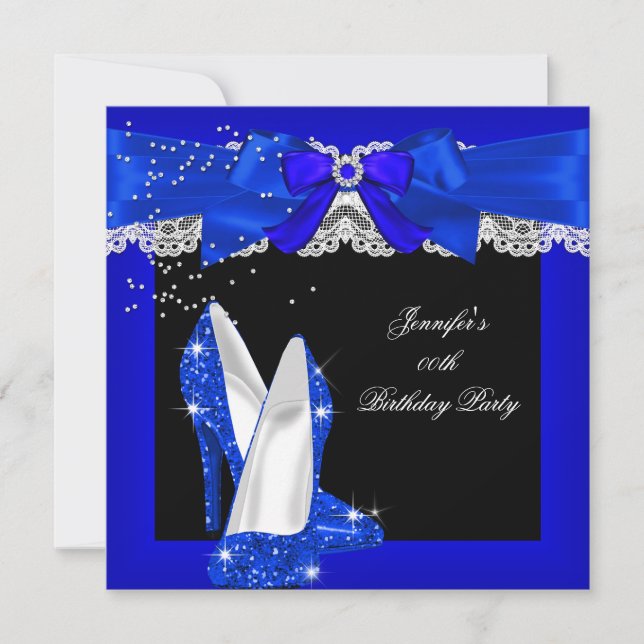 Royal Blue Glitter Höga Klackar Skor Födelsedagsfe Inbjudningar (Framsida)
