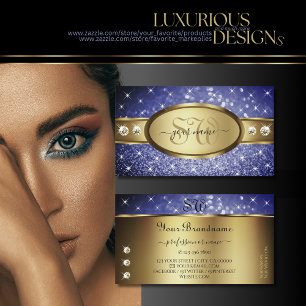 Royal Blue Glitter Stars Diamonds Initialer Guld Visitkort